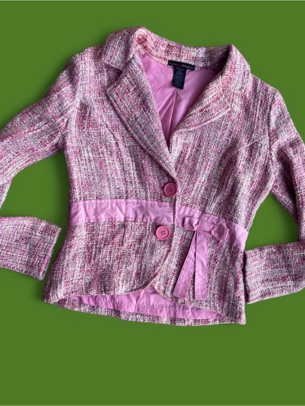 Y2k Barbie pink bow detail tweed button down front blazer